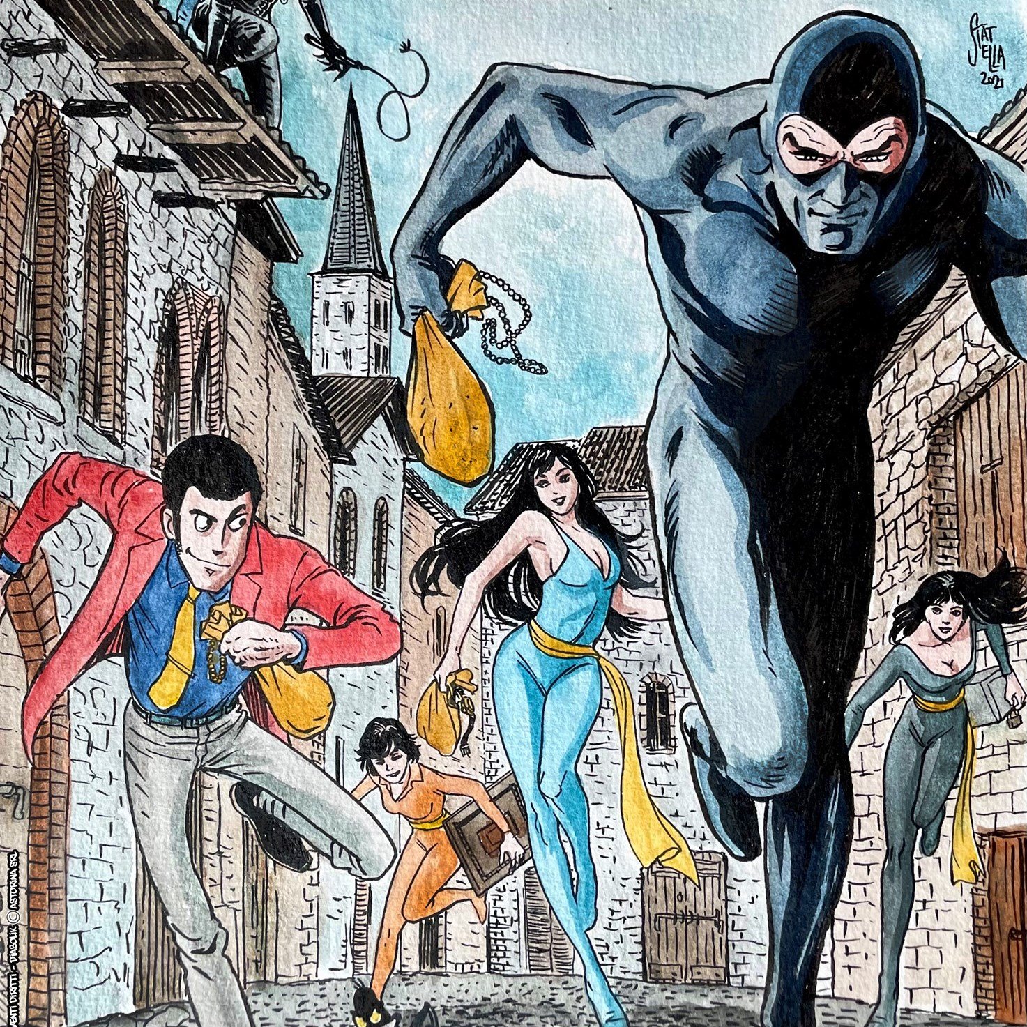 Illustrazione con Diabolik e le protagoniste di Occhi di Gatto